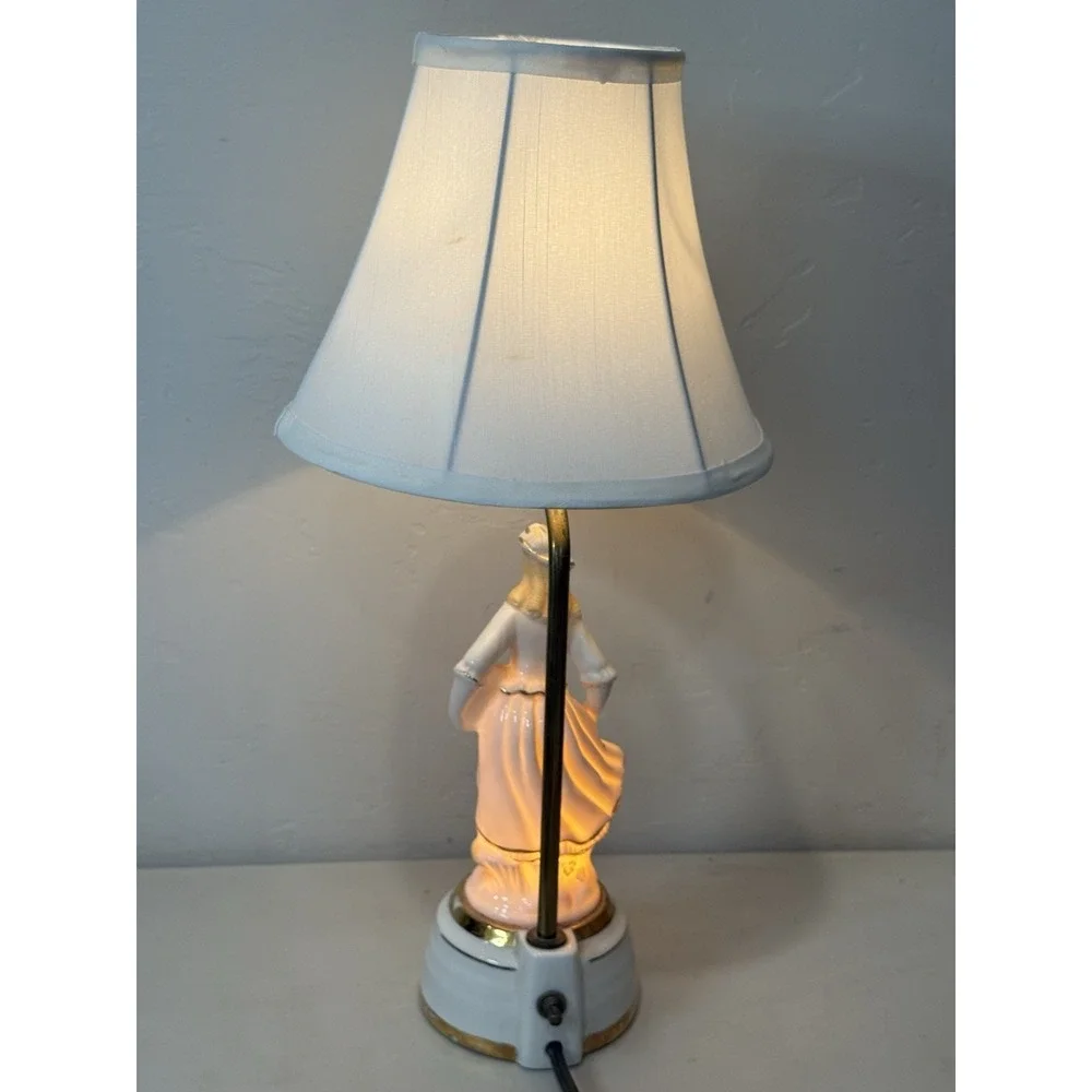 Vintage Porcelain Lady Nightlight Table Lamp Retro Boudoir Light Gold Trim